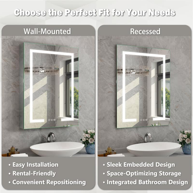 Rectangular Aluminum Recessed/Surface Mount Frameless Anti-Fog Medicine Cabinet with Dimmable LED Lights