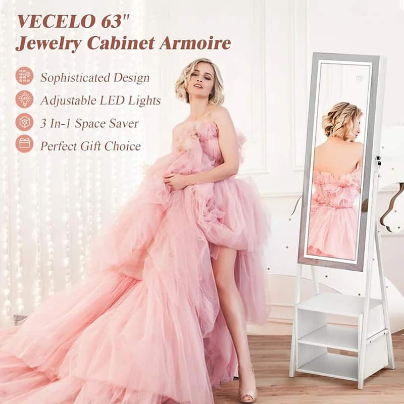 VECELO White 4 Piece Bedroom Set Upholstered Height-Adjustable Bed Nightstand Standing Jewelry Cabinet