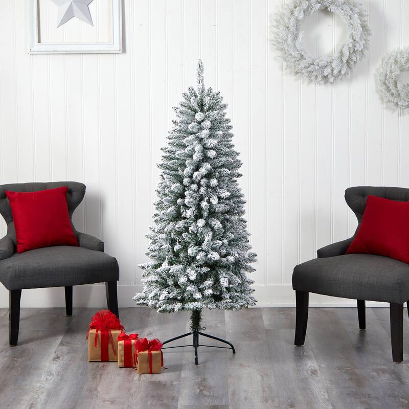 5ft Slim Artificial Christmas Tree with Lights - Winter Fir Tree, Prelit Holiday Decor, Realistic Flocked Tree - White - 60