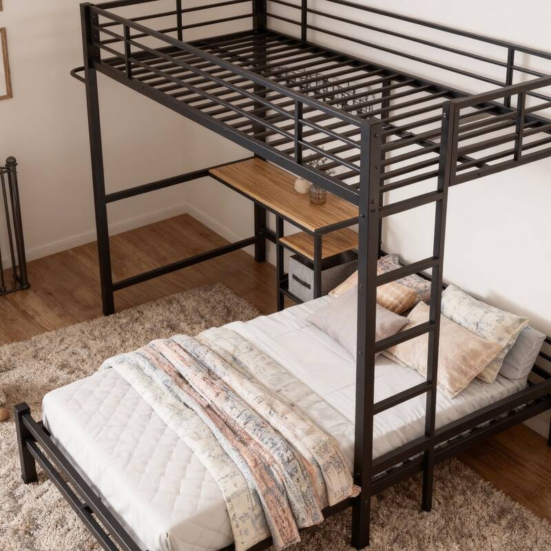 L-Shaped Twin Over Twin Bunk Bed with Desk, Storage Shelves & Safety Guardrail - Space Saving Metal Loft Bed for Teens & Adults