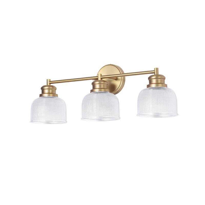 23.8" W 3-Light Retro Industrial Gold Bowl-Shaped Bathroom Vanity Light with Clear Chequered Textured Glass Shades