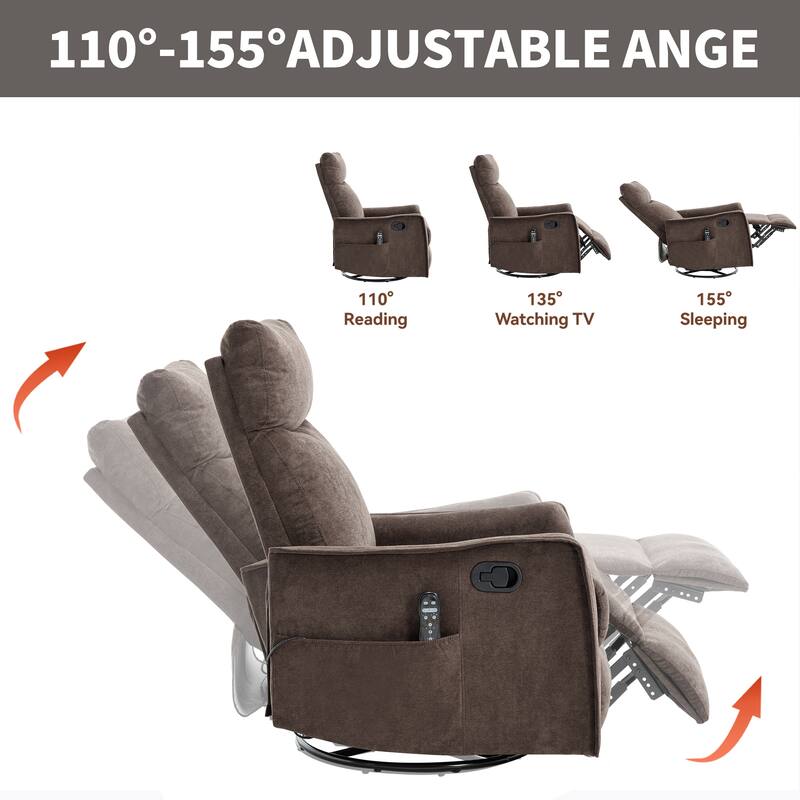 Roomfitters Swivel Rocker Recliner Chair, Manual Fabric Massage Armchair with Heat and 360-Degree Motion, Living Room
