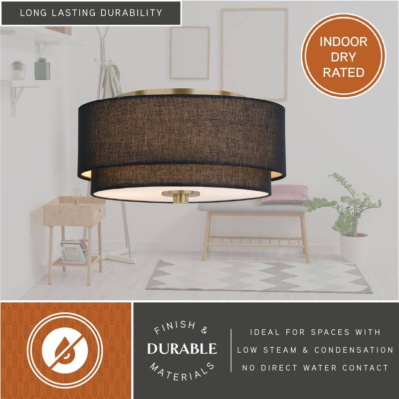 Burnaby Gold Brass Mid-Century Modern Semi Flush Mount Ceiling Light Black Linen Drum Shade