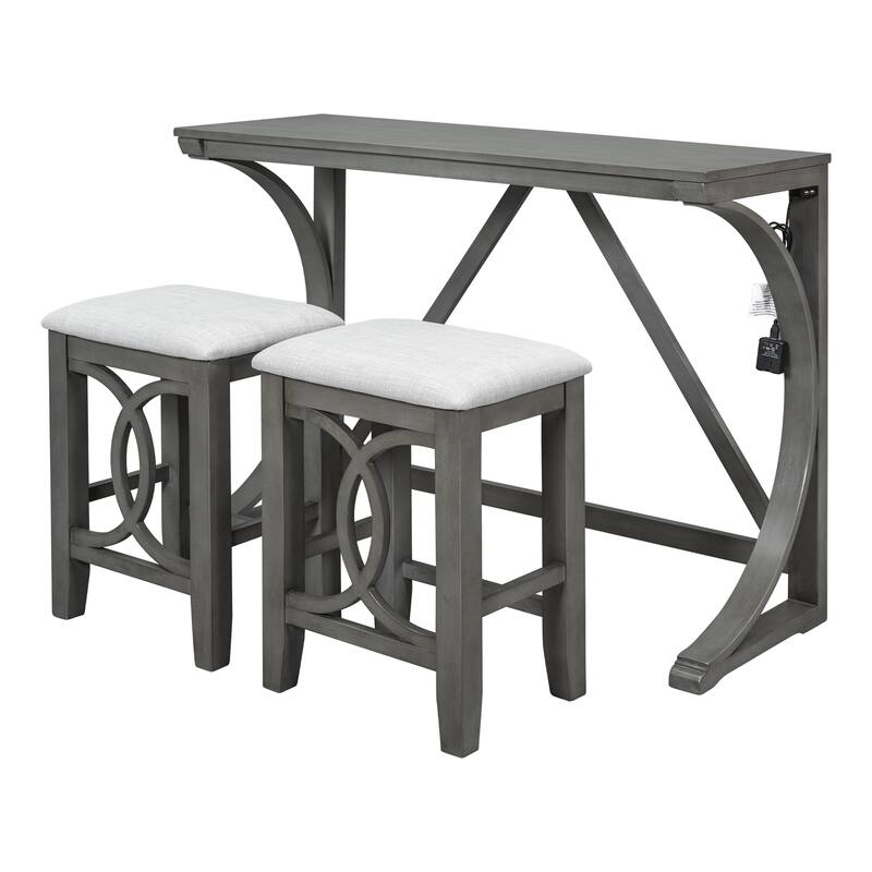 3-Piece Farmhouse Dining Set with USB Port & Stools