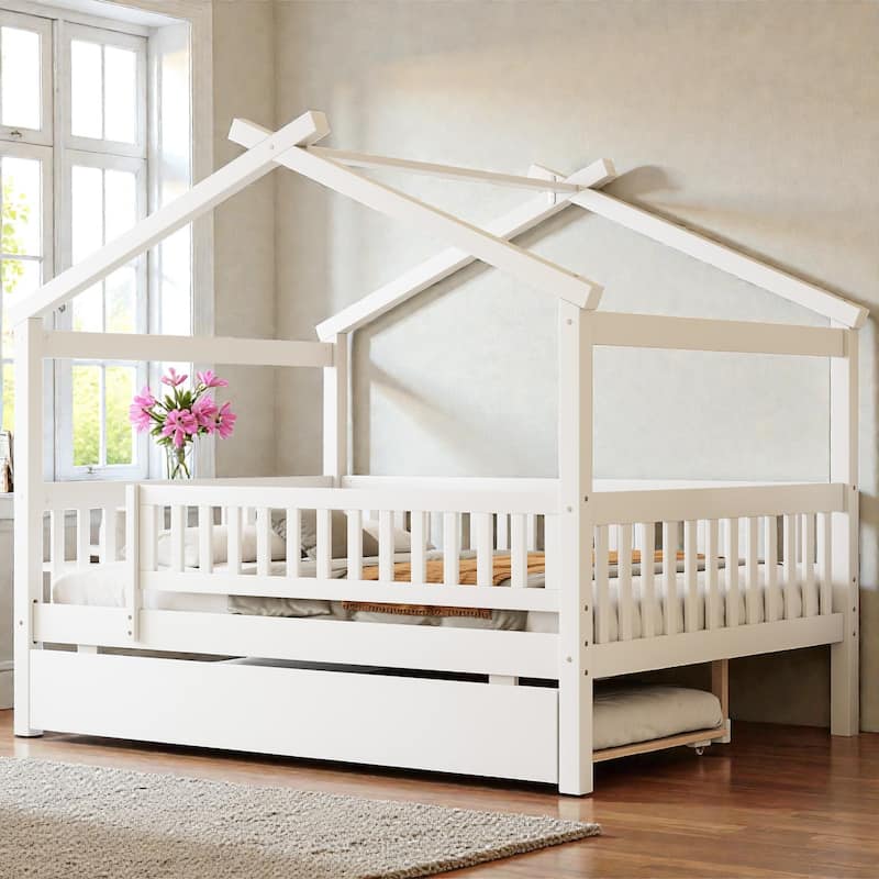 Twin/Full Wooden House Bed with Twin Trundle, Kids Platform Bed Frame with Roof Design, Solid Pine Wood