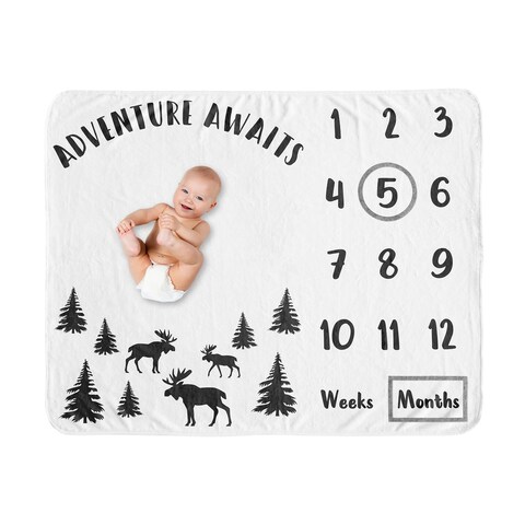 Woodland Moose Collection Boy Baby Monthly Milestone Blanket - Black and White Forest Adventure Awaits Rustic Patch