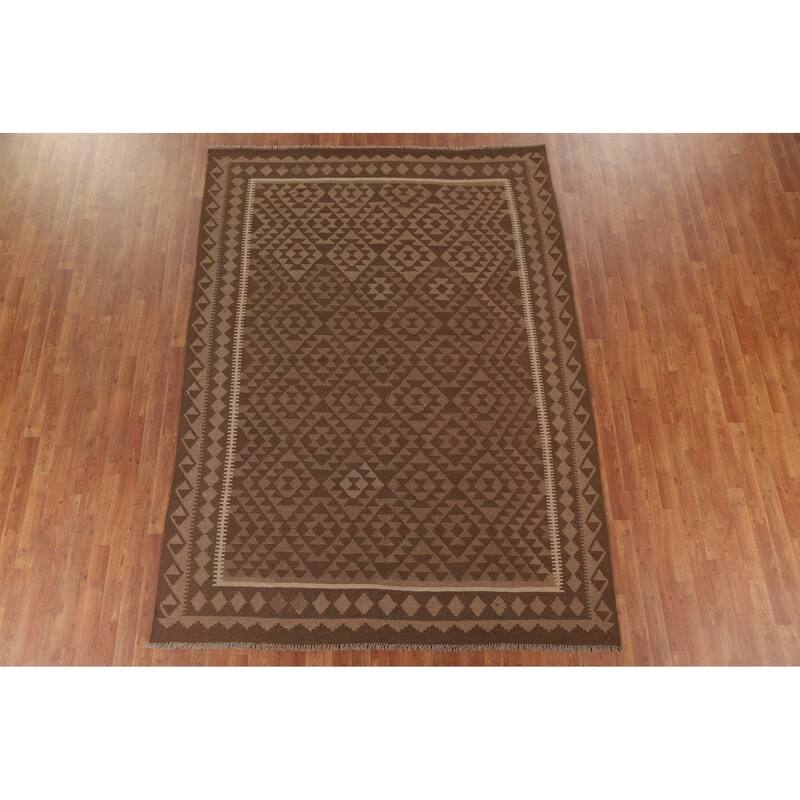 Hand Woven Oriental 100% Wool Carpet Southwestern Geometric Brown Kilim Area Rug - 9' 5'' X 6' 10''