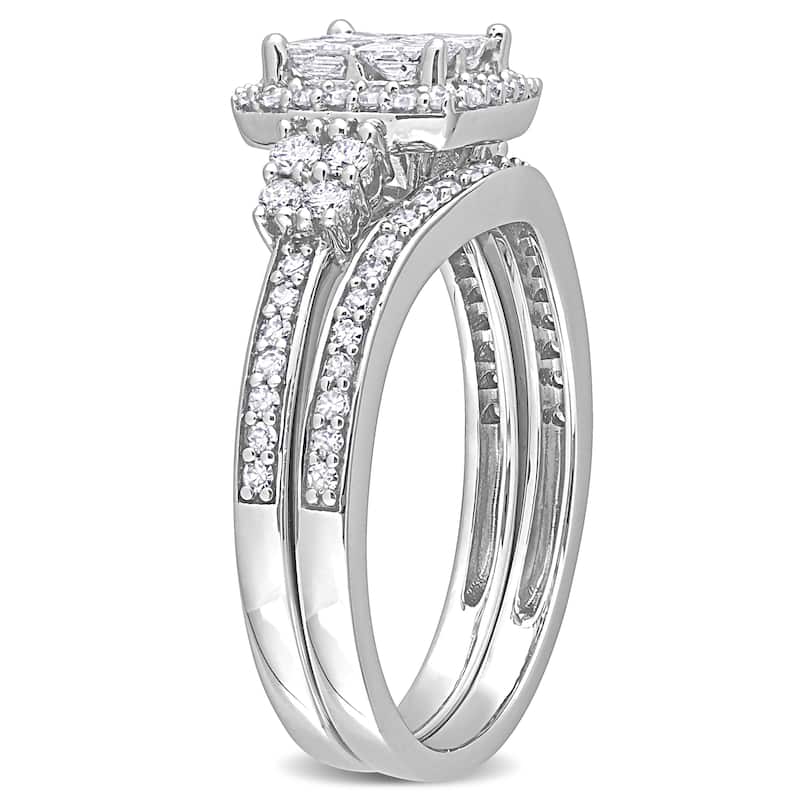 Miadora 7/8ct TDW Princess-Cut Diamond Halo 2-Piece Bridal Ring Set 10k White Gold