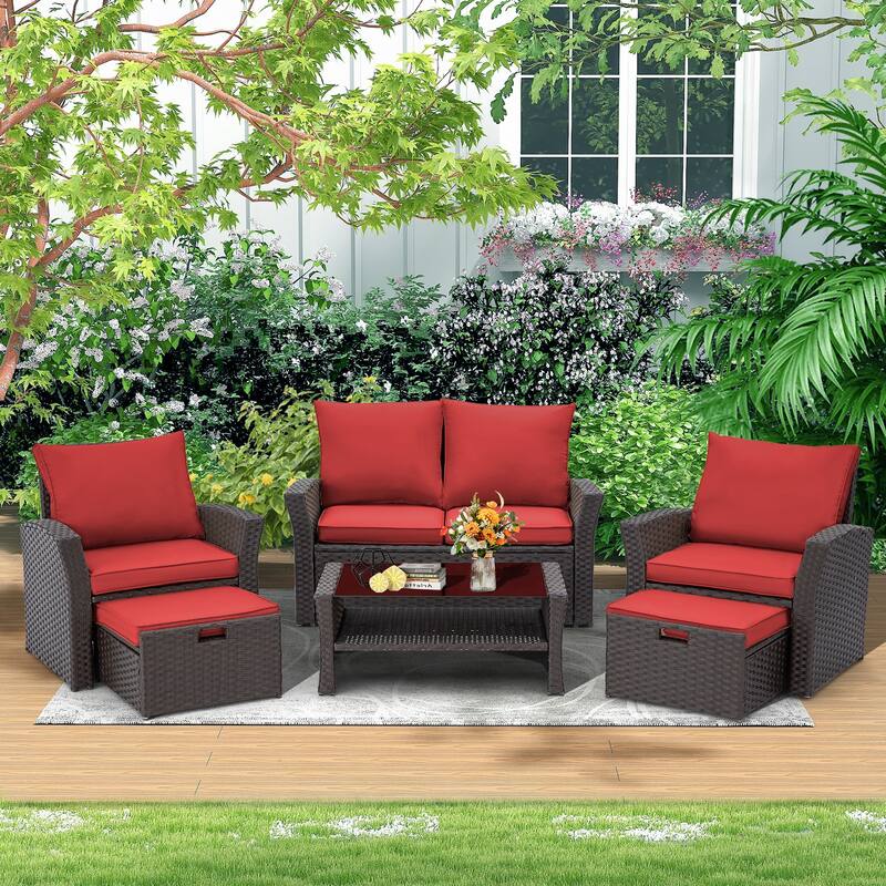 6-Piece Outdoor Sectional Sofa Set, PE Wicker Patio Furniture with Storage Coffee Table & Ottoman, Cushions, for Garden - Wine Red