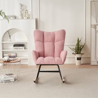 Solid Wood Legs Rocking Chair Nursery with Teddy Fabric Upholstered ...