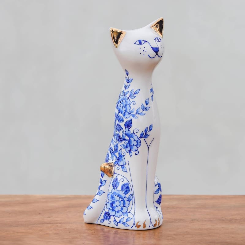 Novica Handmade Sweet Floral Cat Benjarong Porcelain Statuette