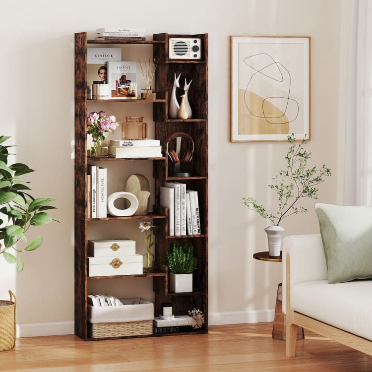 Engineered Wood 11-Shelf Bookcase with Anti-Tip Kits and Floor Pads - 27" L x 9" W x 64" H