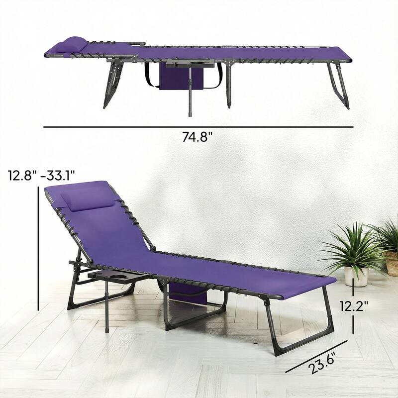 Outsunny Folding Chaise Lounge Chair Outdoor Tanning Chair with Side Table, 5-Level Adjustable Beach Lounge Chair with Headrest