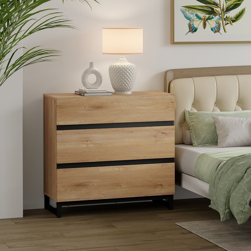 WAMPAT Nightstand with 3 Drawers for Bedroom, Modern Bedside Table with Black Square Iron Leg, Wood Rustic Side Table