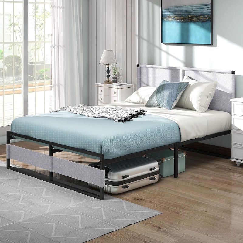 Metal Platform Bed Frame with Headboard, Heavy Duty Steel Slat Bed No Box Spring Needed Noise Free Modern - King