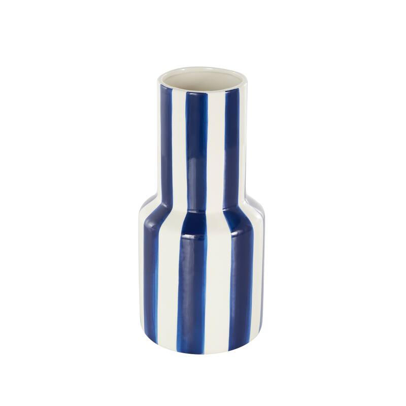 White Ceramic Round Decorative Vase with Blue or Black Vertical Stripes
