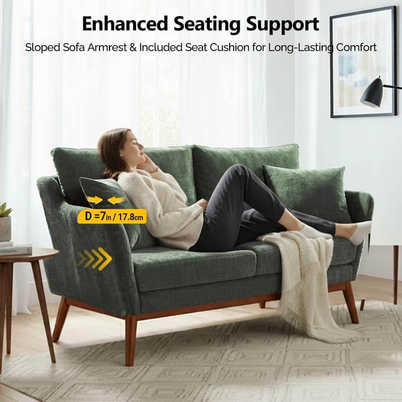 Linen Blend Mid-Century Modern Small Spaces Loveseat Two-Seater Sofa With Solid Wood Base