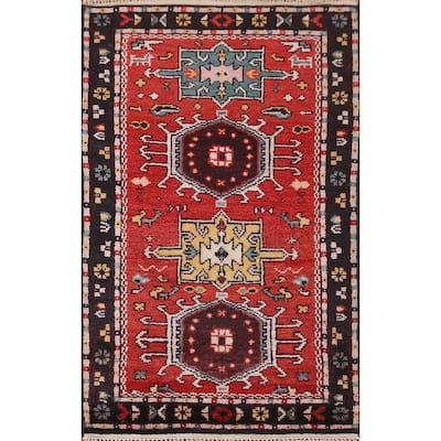 Geometric Kazak Indian Area Rug Hand-knotted Wool Carpet - 2'11"x 5'0"