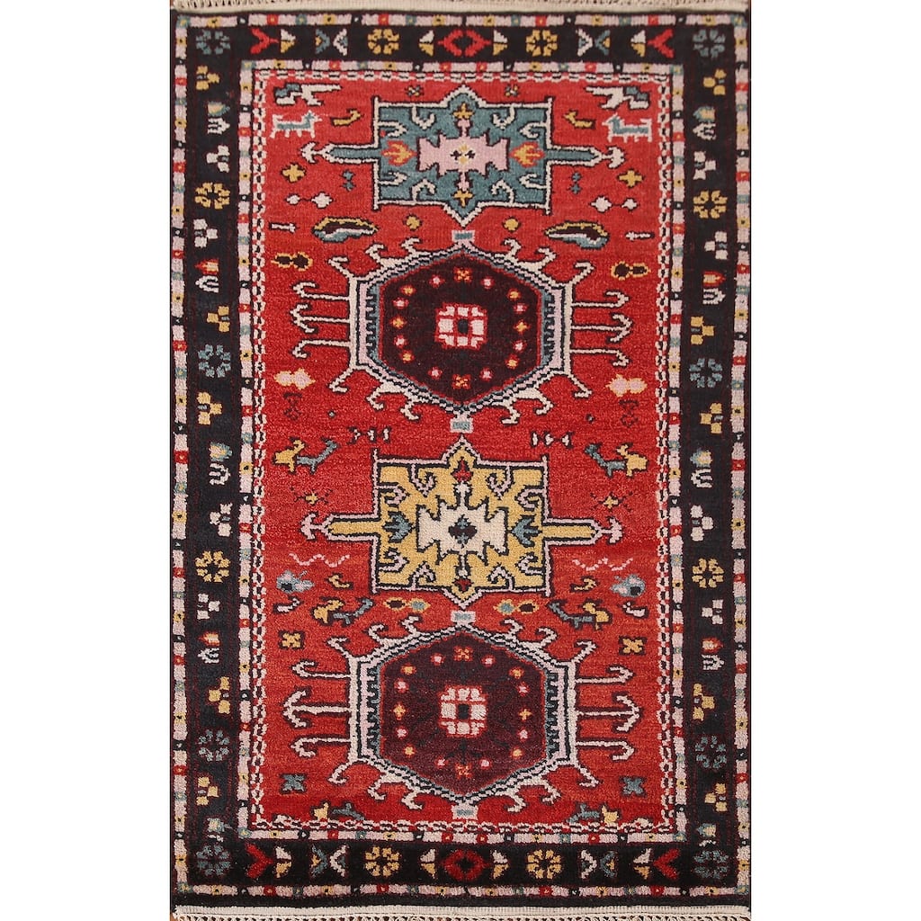 Geometric Kazak Indian Area Rug Hand-knotted Wool Carpet - 2'11"x 5'0"