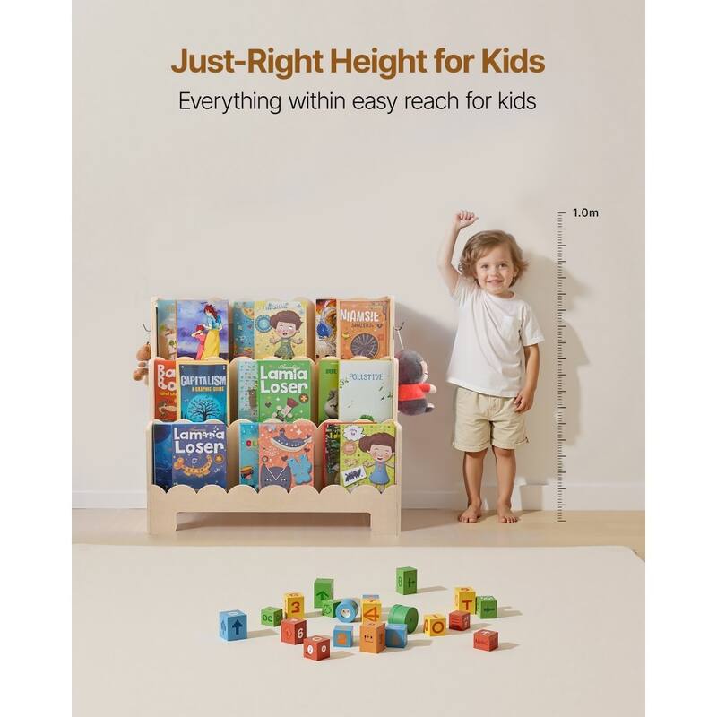 Natural Wood Kids Montessori Bookshelf with 3 Compartments and Side Hooks for Toys and Supplies - 29.53 x 10.63 x 27.56 in
