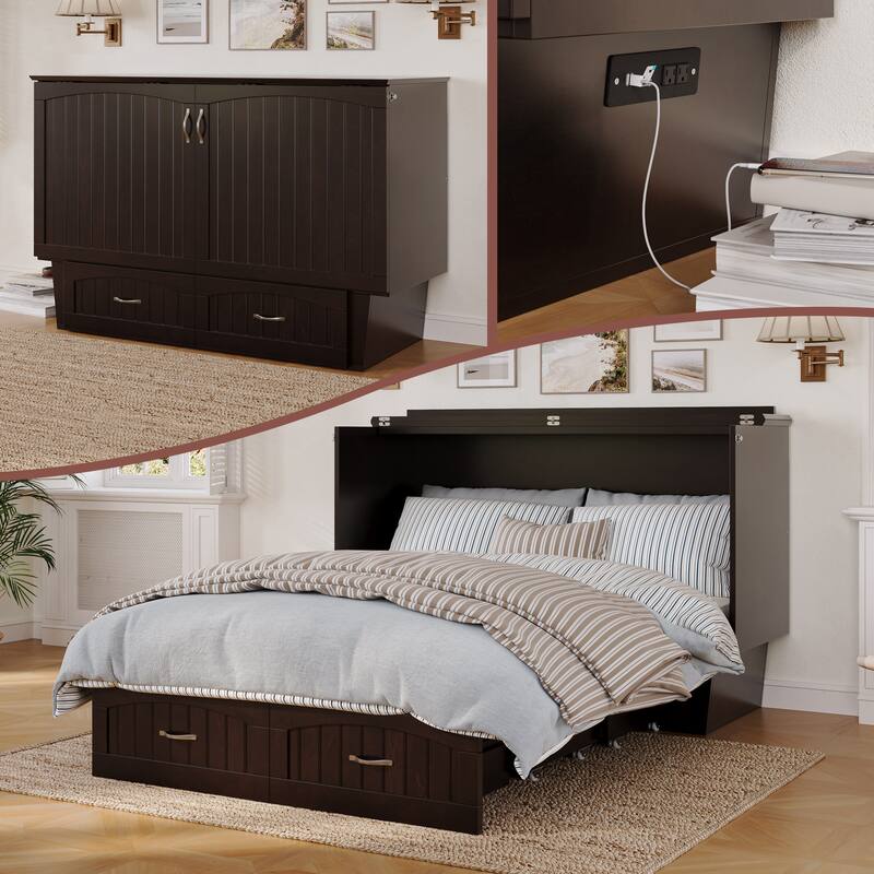 Nantucket Murphy Bed Chest with Mattress and Built-in Charging Station - Espresso - Queen