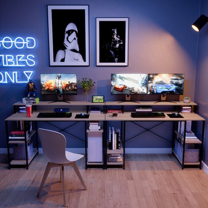 55 Inch Dual Monitor Computer Desk with Adjustable Shelves