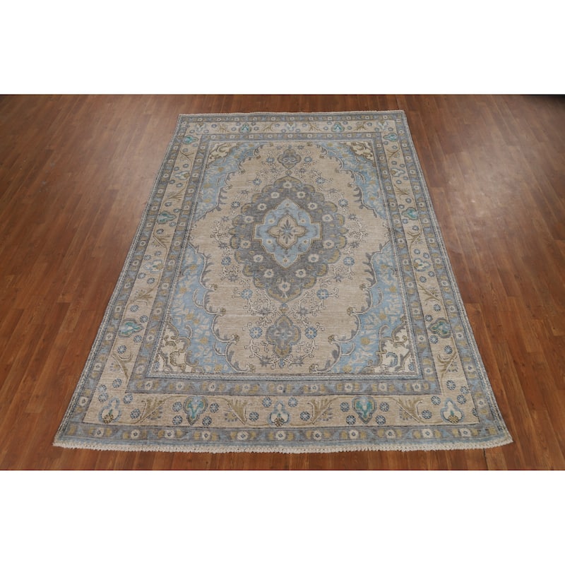 Beige Geometric Tabriz Persian Vintage Rug Hand-Knotted Wool Carpet - 6'3" x 9'1"
