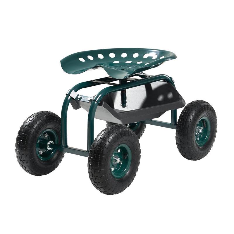 Green and Black Heavy-Duty Steel Rolling Garden Cart with Adjustable 360 Seat and Storage - 31.50×19.17×18.11/ 21.26 inches