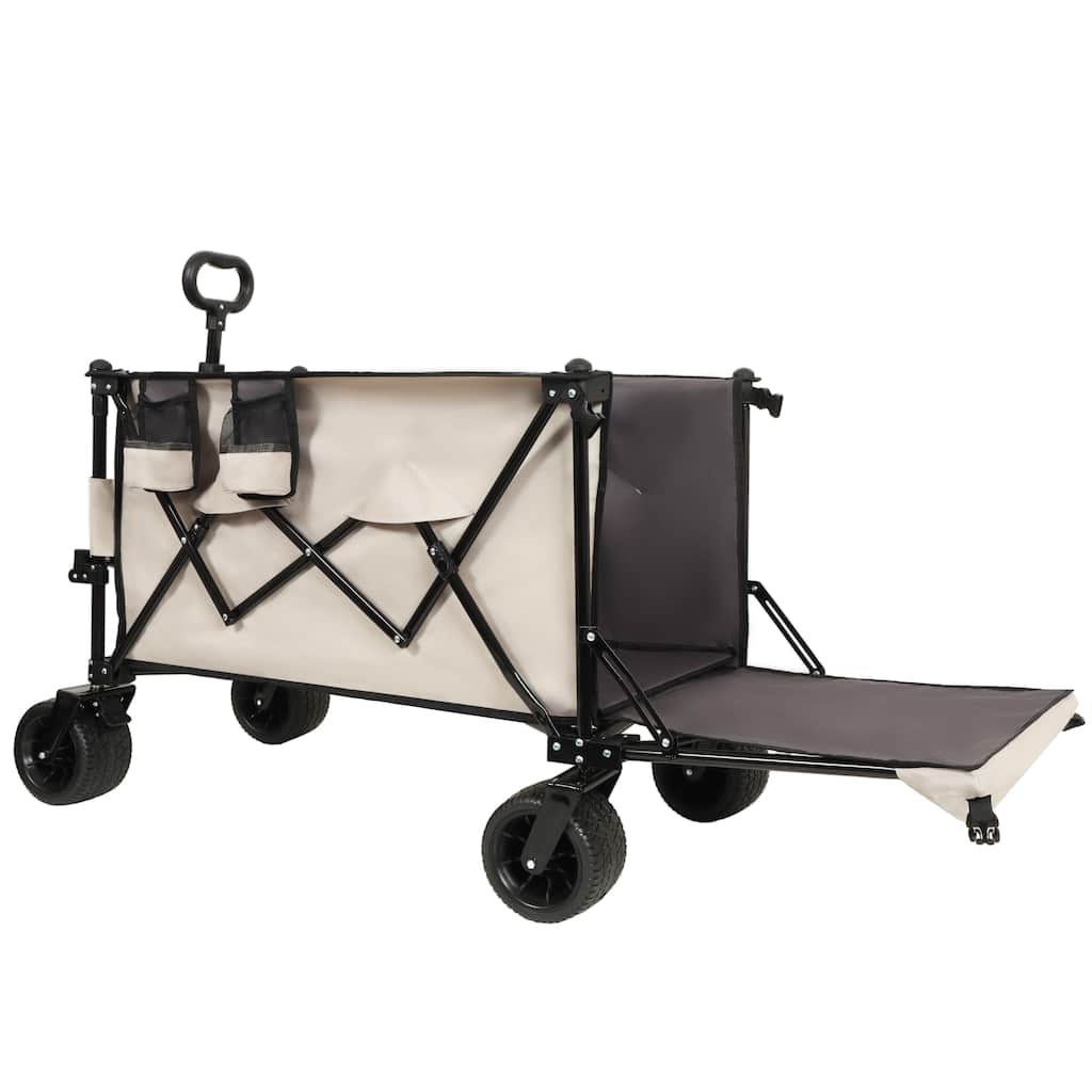 Foldable Wagon with Extended Tailgate & Extra Long Design - 480lb Heavy-Duty Beach Cart, Khaki & Gray
