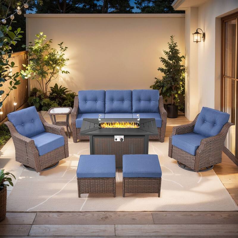 Pocassy Patio Furniture Set with Propane Gas Fire Pit Table - Brown Wicker & Blue Cushion - 7-Piece Sofa with Rectangle Steel Fire Table