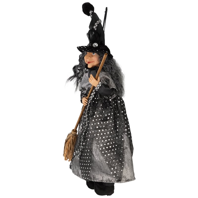 Witch with Broom Hanging Halloween Decoration - 18" - Black and Silver
