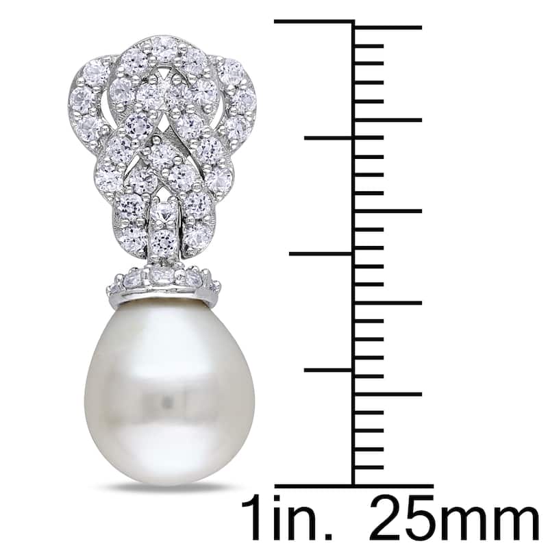 Miadora 9-9.5 mm White Cultured Freshwater Pearl Earrings with Created White Sapphire in Sterling Silver
