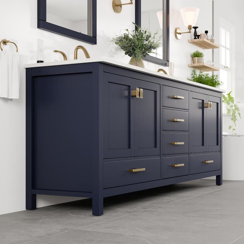 Aberdeen 84"W Blue DS Bath Vanity with Carrara Quartz Top