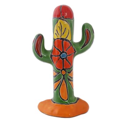 Novica Handmade Talavera Cactus Ceramic Sculpture