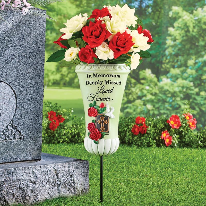 In Memoriam Bible Roses and Dove Memorial Vase - 11.130 x 7.380 x 7.250 - White - 11.130 x 7.380 x 7.250
