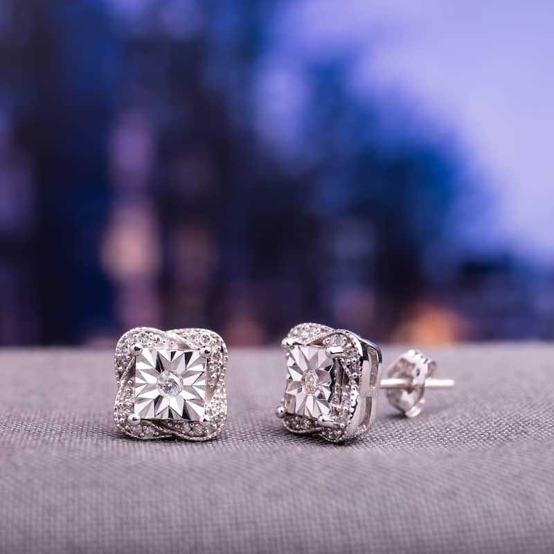 Miadora 10k White Gold 1/6ct TDW Diamond Twisted Square Halo Stud Earrings