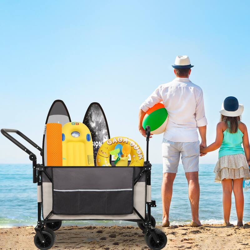 Multi-Functional Push-Pull Folding Wagon - Rotating Handle & 360° Wheels Heavy-Duty Cart, Khaki & Gray