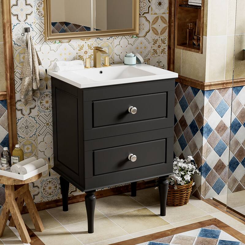 GDFStudio - Monteria Modern Wood Bathroom Vanity with Ceramic Basin and 2 Soft-Close Storages - 24.20"W