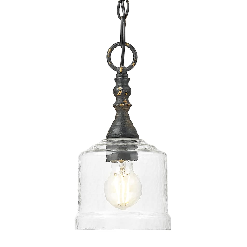 Golden Lighting Keating 1-light Pendant in Antique Black Iron and Hammered Water Glass - Gold