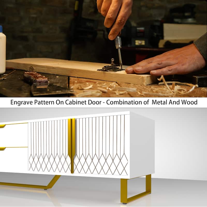Modern Carved Design TV Stand, Large Storage Console with Storage Cabinets and Metal Legs, for Living Room and Bedroom, White