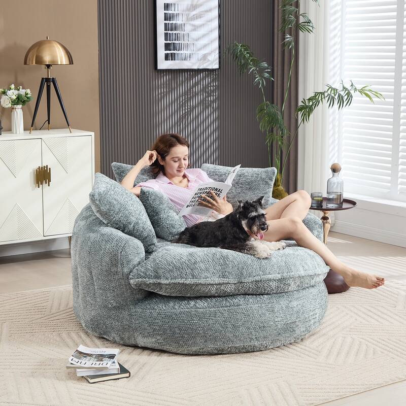55" Modern Long Polyester Foam Round Bean Bag Sofa Chair with Pillows - Blue Grey
