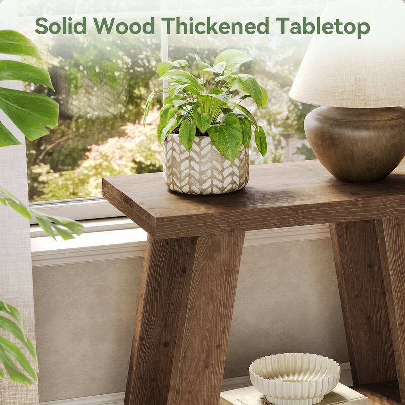 Solid Wood End Table, Small Side Table with 2-Tier Storage Shelf for Living Room, Easy Assembly