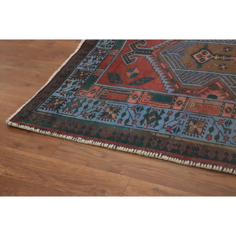 Hand Knotted Oriental 100% Wool Carpet Traditional Geometric Navy Blue & Blues Hamedan Runner Rug - 10' 6'' X 3' 3''