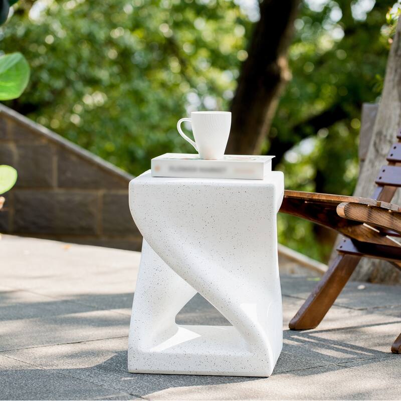 Outdoor White Marble Modern Twisted-Base Terrazzo-Speckled All-Weather MGO Side Table, Indoor End Table for Home