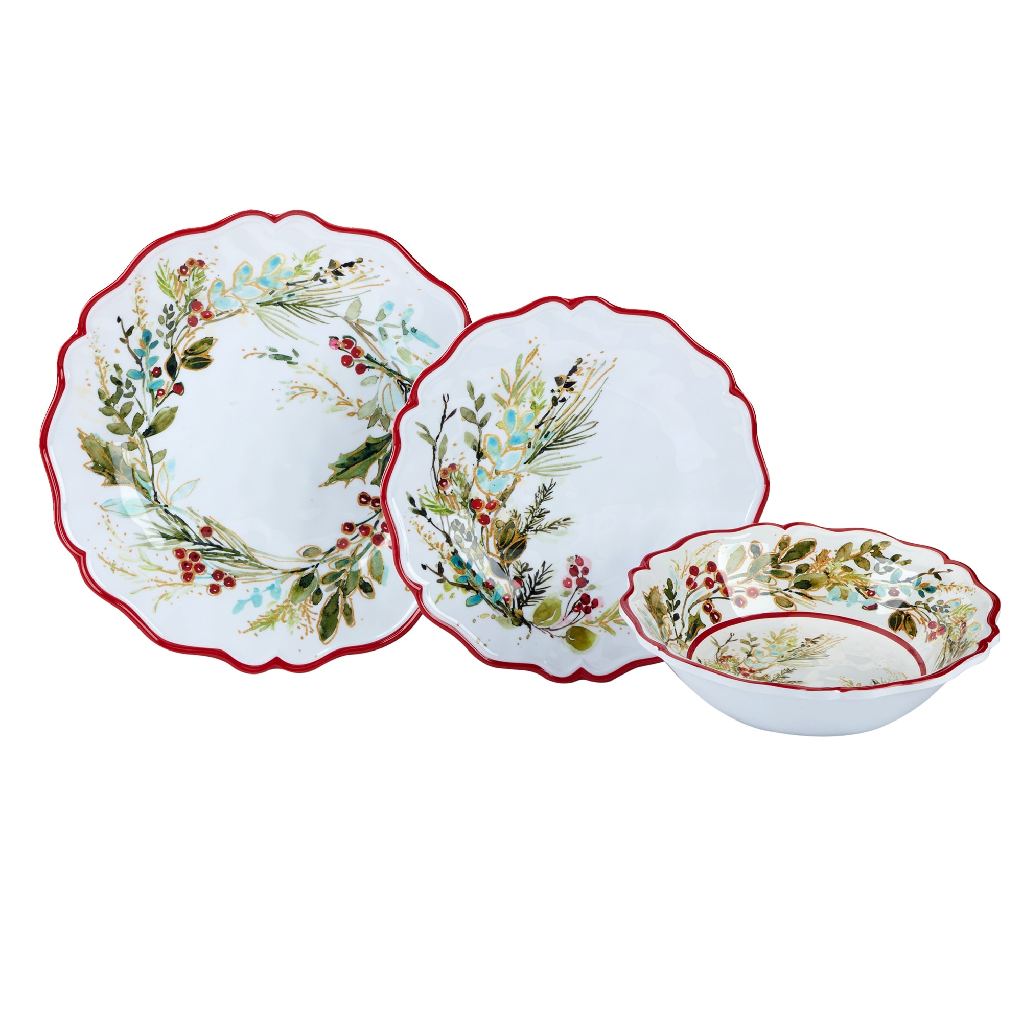 Certified International Christmas Gatherings 12 pc Melamine Dinnerware Set, Service for 4 - 11" Diameter x .25"