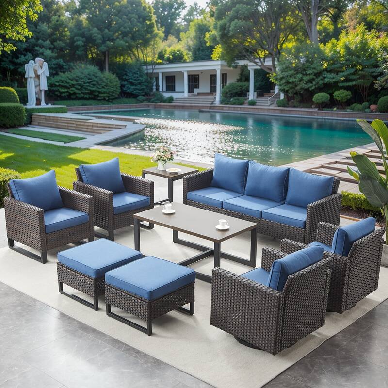 9 Pieces Patio Sofa, Swivel Chair, Club Chair Table Set - Brown - Blue