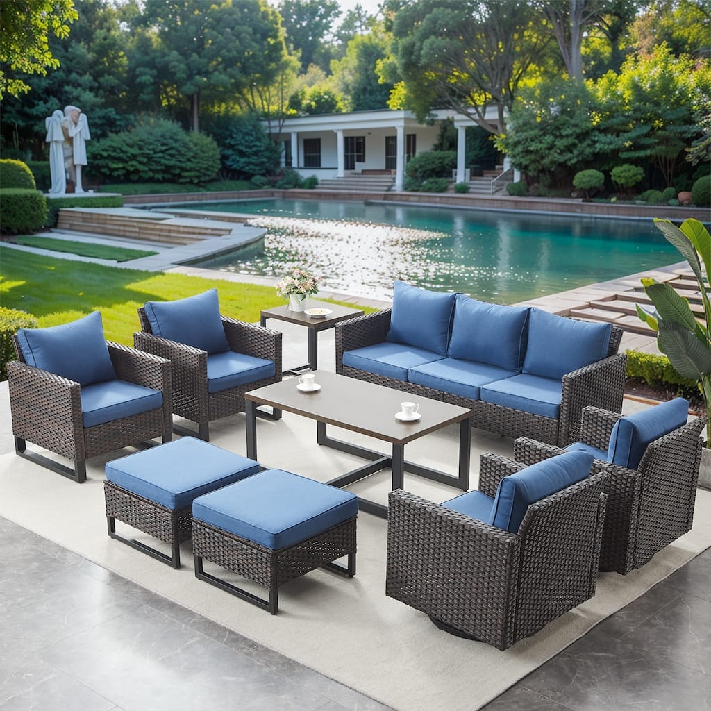 9 Pieces Patio Sofa, Swivel Chair, Club Chair Table Set