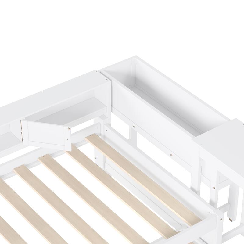 Full/Twin Daybed with Trundle & Storage Drawers - Wood Frame with Side Shelves and Desk