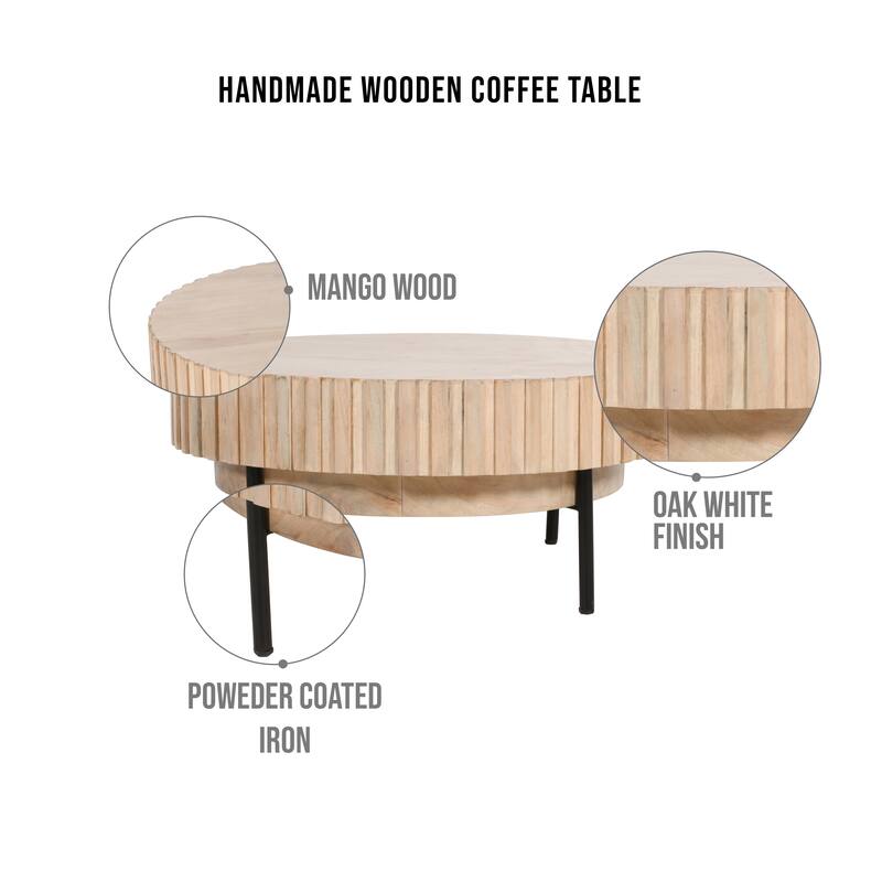 36 Inch Modern Handcrafted Round Coffee Table, Oak White Wood Top with Grooved Edges, Black Iron Legs