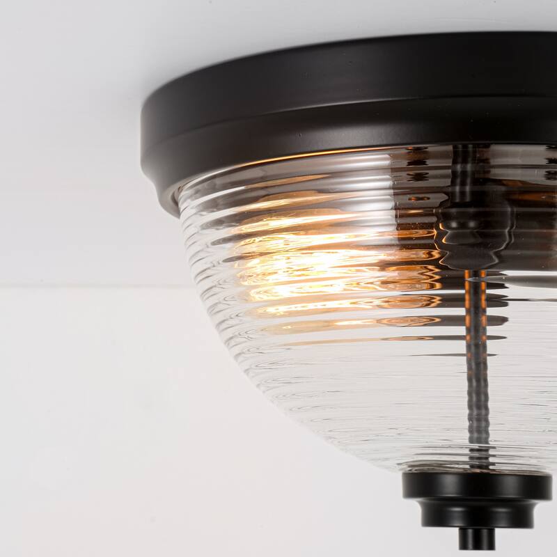 11.8 in. 2-Light Modern Matte Black Dome Flush Mount Ceiling Light with Clear Ribbed Glass Shade for Bedroom
